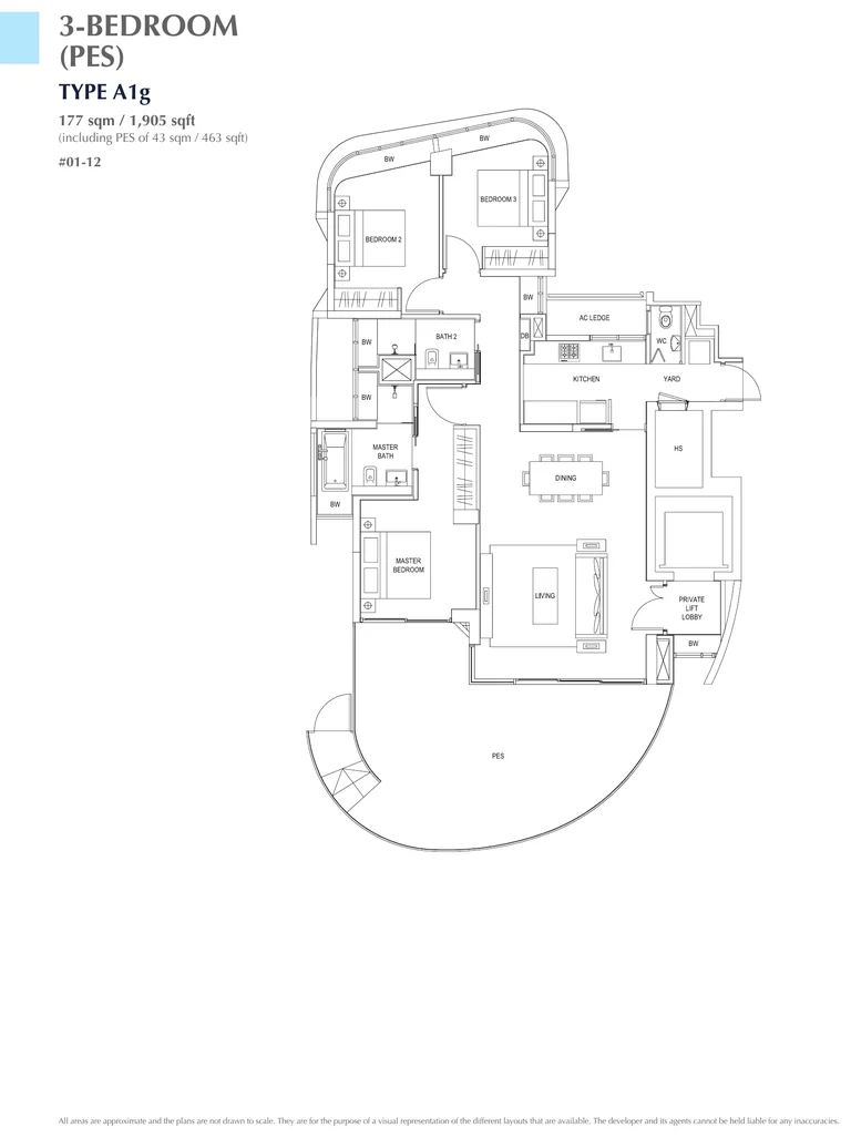 Cape Royale floor plan, Type A1g (3-Bedroom with PES): 3 bedrooms with a private enclosed space, 177 sq m (1,905 sq ft), including a PES of 43 sq m (463 sq ft); 1 home, #01-12 (developer drawing with key plan)