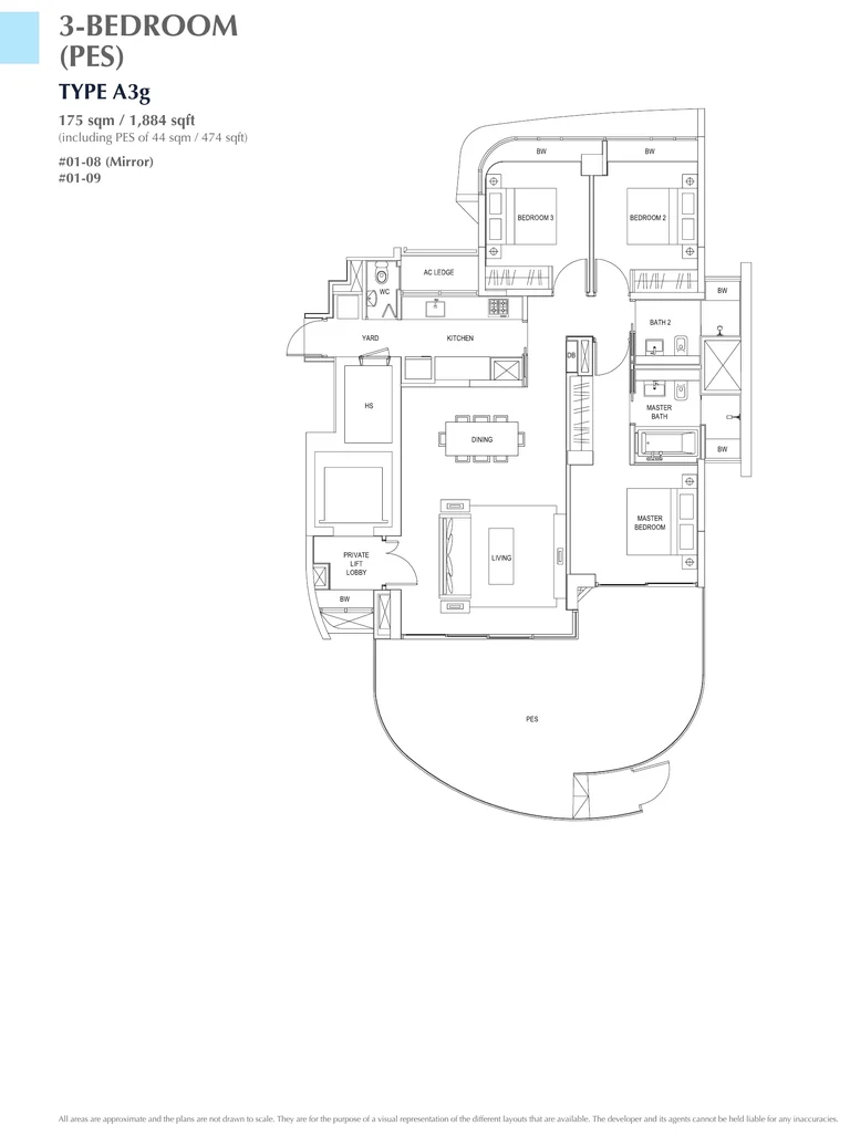 Cape Royale floor plan, Type A3g (3-Bedroom with PES): 3 bedrooms with a private enclosed space, 175 sq m (1,884 sq ft), including a PES of 44 sq m (474 sq ft); 2 homes, #01-08 and #01-09 (developer drawing with key plan)