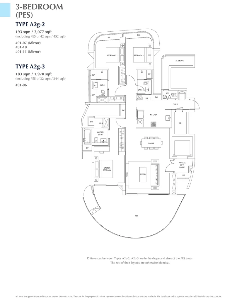 Cape Royale floor plan, Types A2g-2 and A2g-3 (3-Bedroom with PES): 3 bedrooms with a private enclosed space, 193 sq m (2,077 sq ft) and 183 sq m (1,970 sq ft), including a PES of 42 sq m and 32 sq m; 4 homes, #01-06 (A2g-3); #01-07, #01-10 and #01-11 (A2g-2) (developer drawing with key plan)