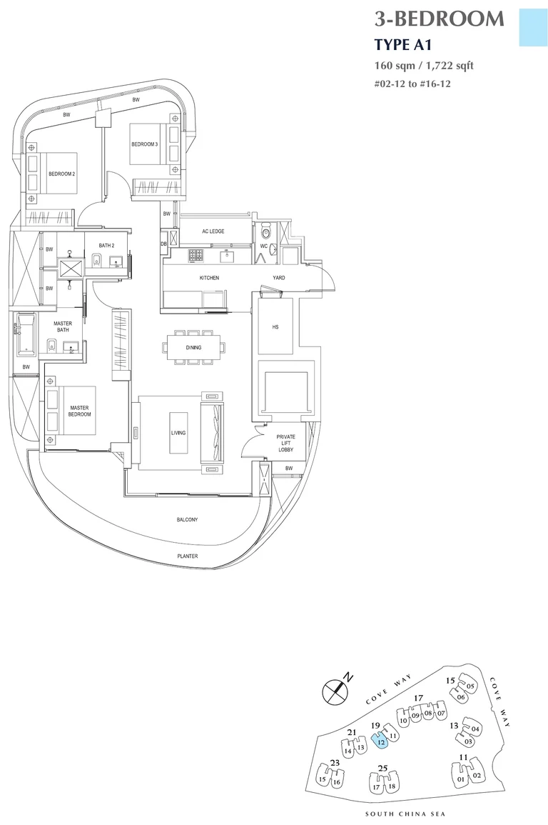 Cape Royale floor plan, Type A1 (3-Bedroom): 3 bedrooms, 160 sq m (1,722 sq ft); 15 homes, #02-12 to #16-12 (developer drawing with key plan)