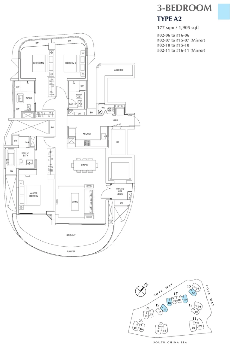 Cape Royale floor plan, Type A2 (3-Bedroom): 3 bedrooms, 177 sq m (1,905 sq ft); 58 homes, #02-06 to #16-06, #02-07 to #15-07, #02-10 to #15-10 and #02-11 to #16-11 (developer drawing with key plan)