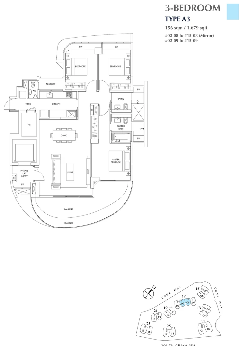 Cape Royale floor plan, Type A3 (3-Bedroom): 3 bedrooms, 156 sq m (1,679 sq ft); 28 homes, #02-08 to #15-08 and #02-09 to #15-09 (developer drawing with key plan)