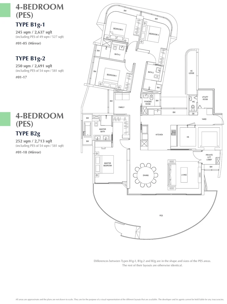 Cape Royale floor plan, Types B1g-1, B1g-2 and B2g (4-Bedroom with PES): 4 bedrooms with a private enclosed space, 245 sq m (2,637 sq ft), 250 sq m (2,691 sq ft) and 252 sq m (2,713 sq ft), including a PES of 49 to 54 sq m; 3 homes, #01-05 (B1g-1), #01-17 (B1g-2) and #01-18 (B2g) (developer drawing with key plan)