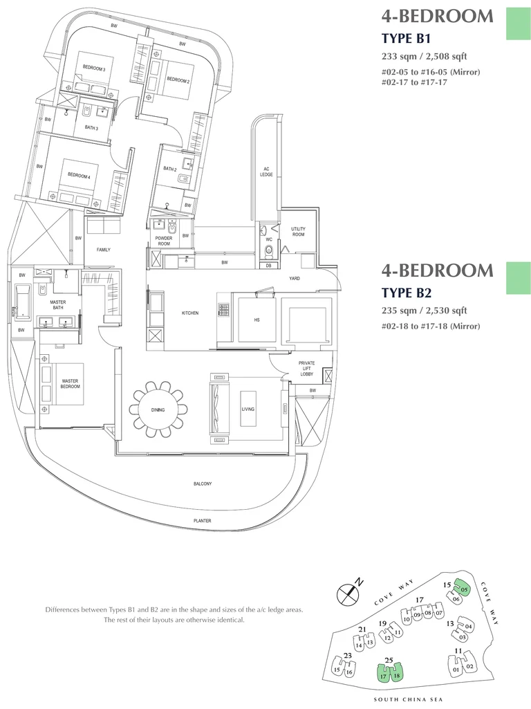 Cape Royale floor plan, Types B1 and B2 (4-Bedroom): 4 bedrooms, 233 sq m (2,508 sq ft) and 235 sq m (2,530 sq ft); 47 homes, #02-05 to #16-05 and #02-17 to #17-17 (B1); #02-18 to #17-18 (B2) (developer drawing with key plan)
