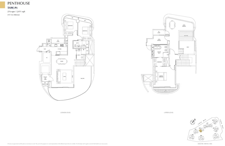 Cape Royale floor plan, Type P1 (Penthouse): 3 bedrooms, duplex, 276 sq m (2,971 sq ft); 1 home, #17-12 (developer drawing with key plan)