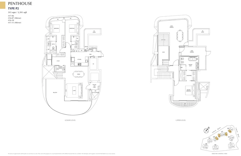 Cape Royale floor plan, Type P2 (Penthouse): 3 bedrooms and a study, duplex, 315 sq m (3,391 sq ft); 4 homes, #17-06, #16-07, #16-10 and #17-11 (developer drawing with key plan)
