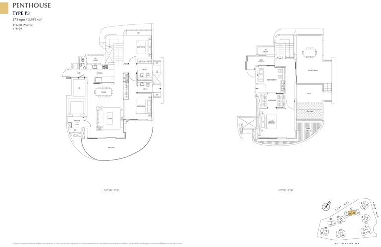 Cape Royale floor plan, Type P3 (Penthouse): 3 bedrooms, duplex, 273 sq m (2,939 sq ft); 2 homes, #16-08 and #16-09 (developer drawing with key plan)