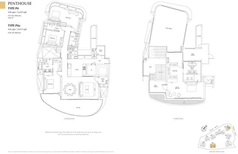 Cape Royale floor plan, Types P4 and P4a (Penthouse): 4 bedrooms, duplex, 430 sq m (4,629 sq ft) and 434 sq m (4,672 sq ft); 3 homes, #17-05, #18-17 (P4) and #18-18 (P4a) (developer drawing with key plan)