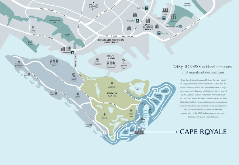 Cape Royale location map (developer drawing): Sentosa island with Cape Royale at Sentosa Cove, the golf courses and beaches, the Sentosa Gateway, HarbourFront, the Greater Southern Waterfront and the city