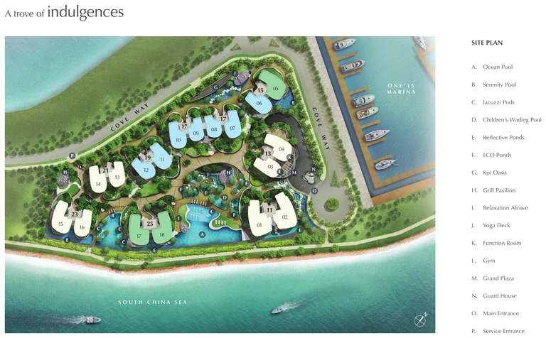 Cape Royale site plan (developer drawing): the eight towers along Cove Way between ONE&deg;15 Marina and the South China Sea, with the Ocean Pool, Serenity Pool and the lettered facilities legend